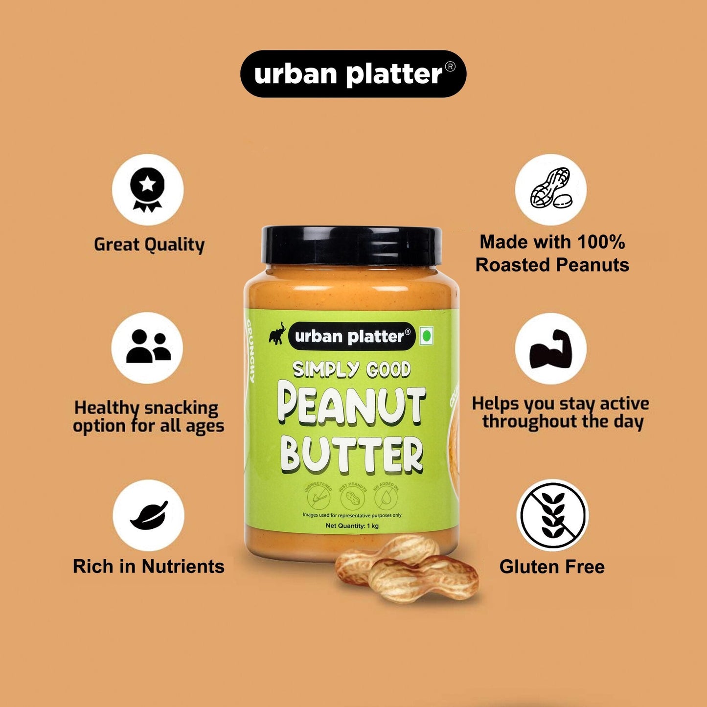 Urban Platter Natural Crunchy Peanut Butter - 1 kg