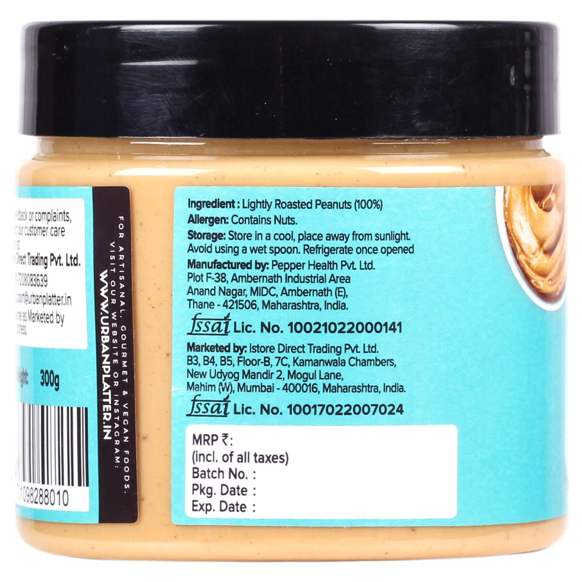 Urban Platter Natural Creamy Peanut Butter [Unsweetened, No Added Oil] - 300 gms