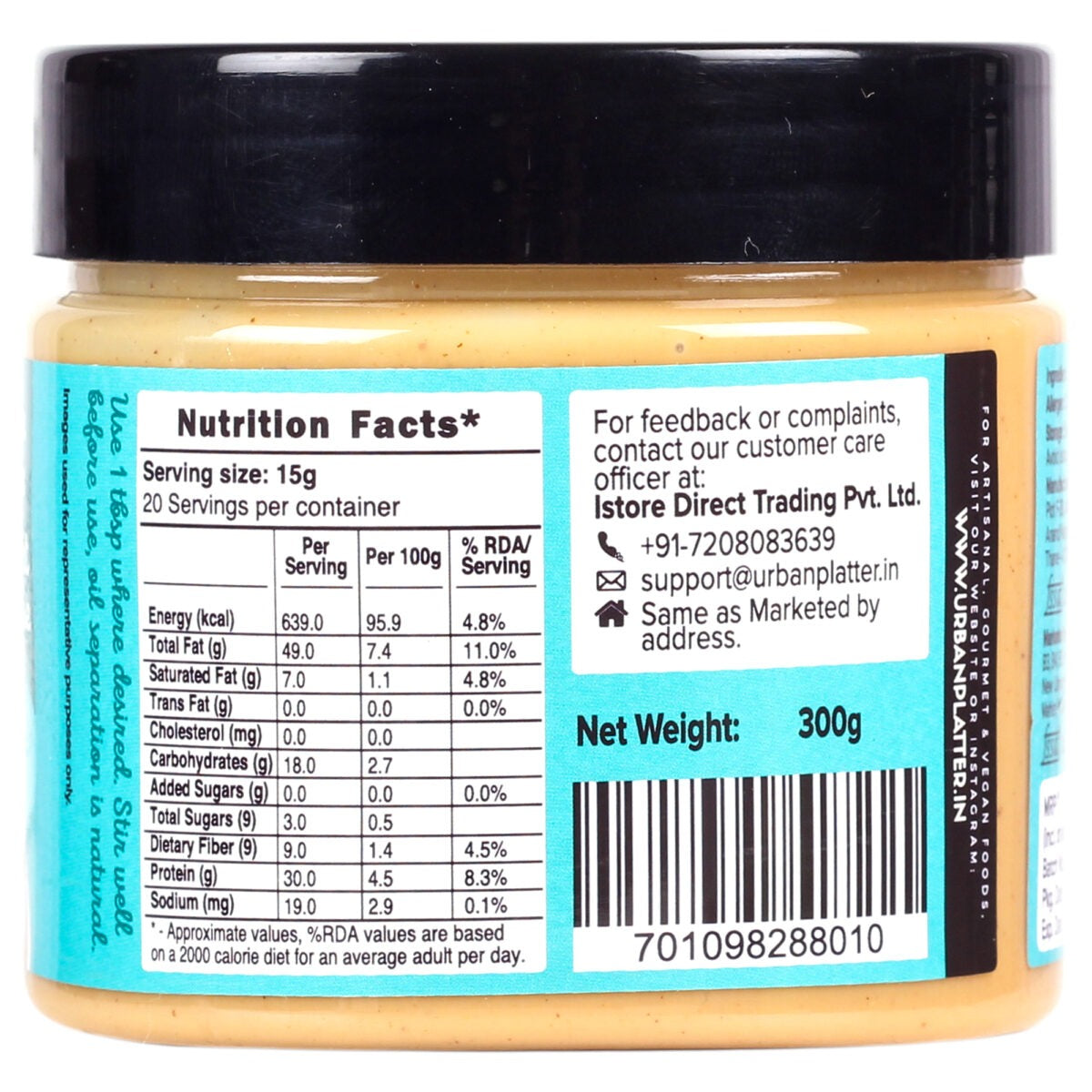 Urban Platter Natural Creamy Peanut Butter [Unsweetened, No Added Oil] - 300 gms