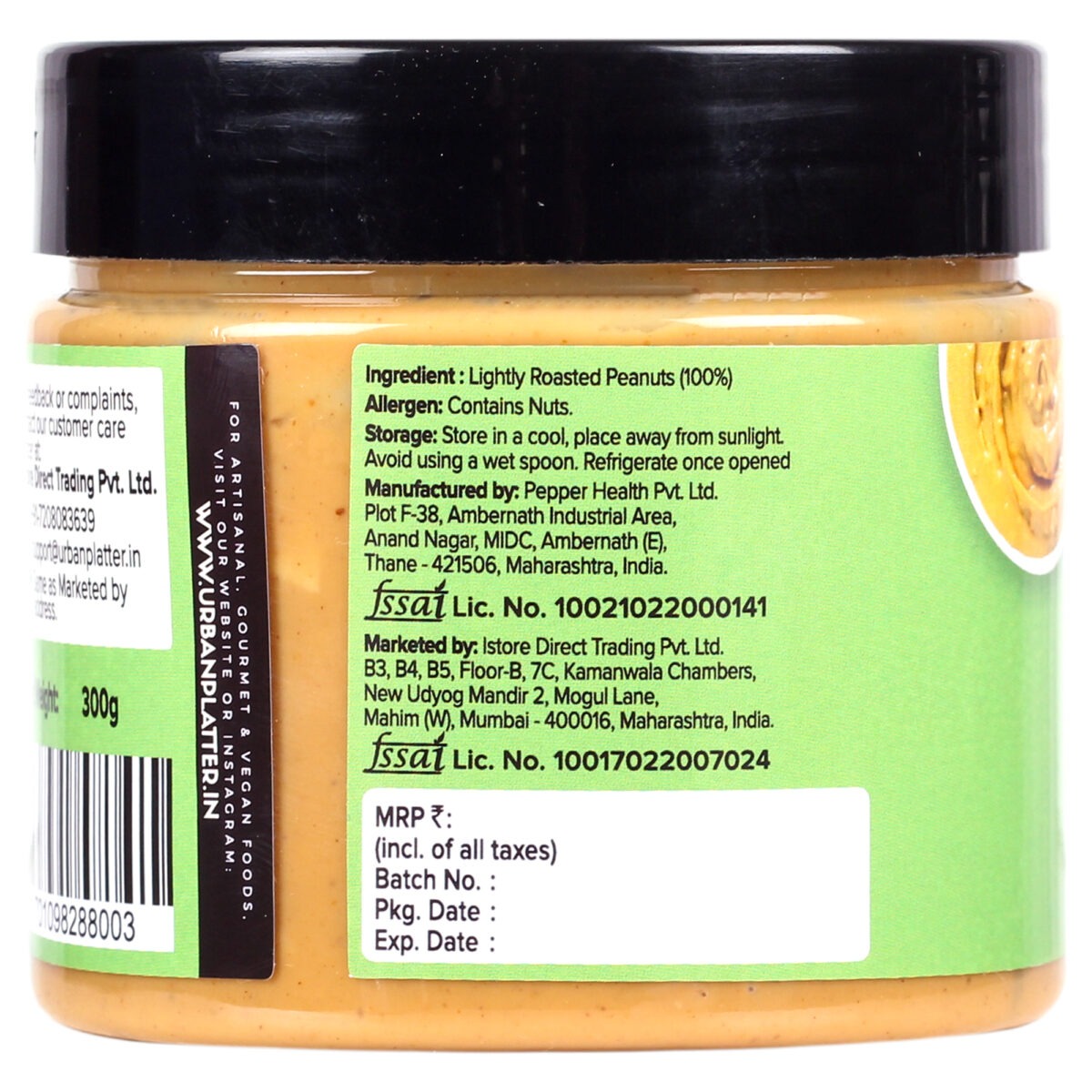 Urban Platter Natural Crunchy Peanut Butter - 300 gms