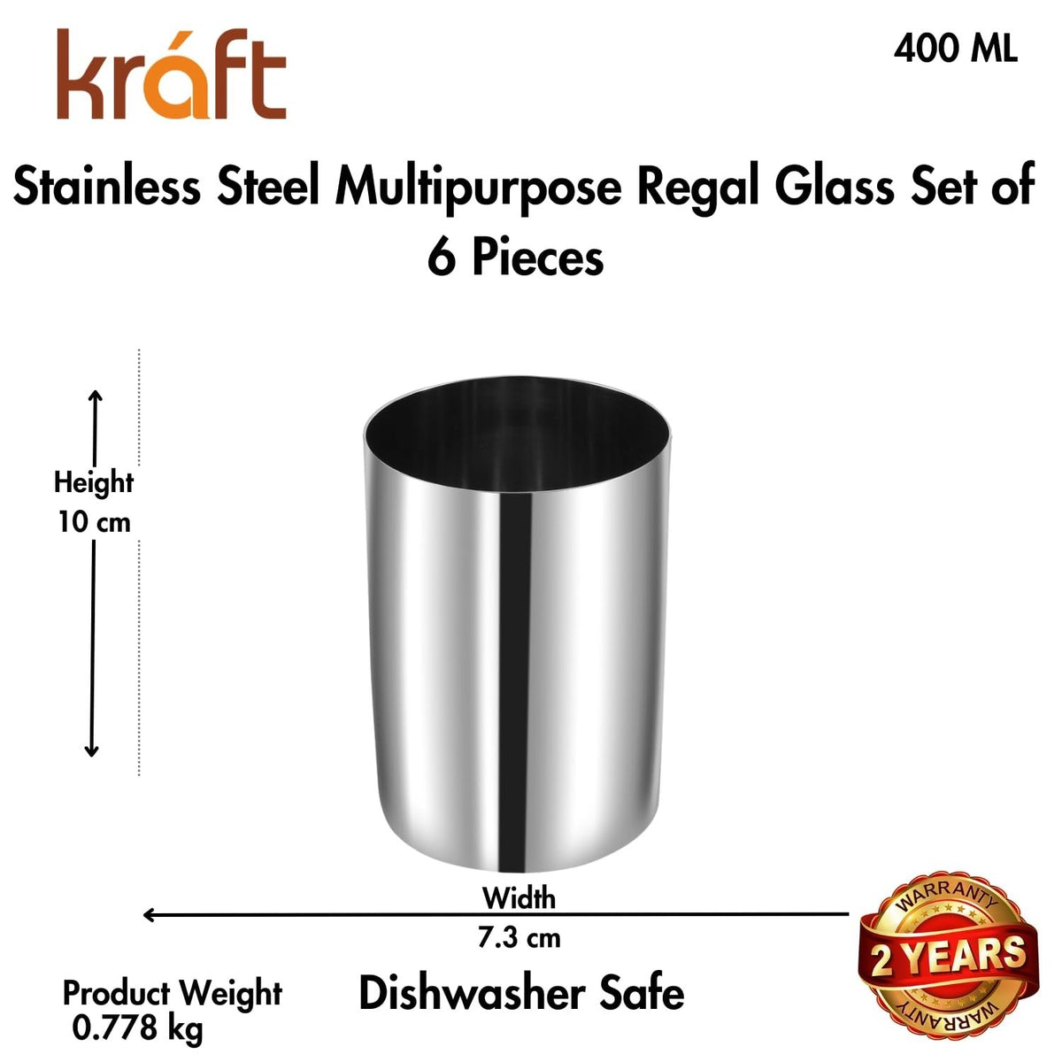 Vinod Kraft Regal Stainless Steel Glass Set of 6 Pieces