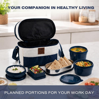 CELLO All Day Meal Lunch Box with Bag for Office Use Blue White | 550ml,375ml,225ml