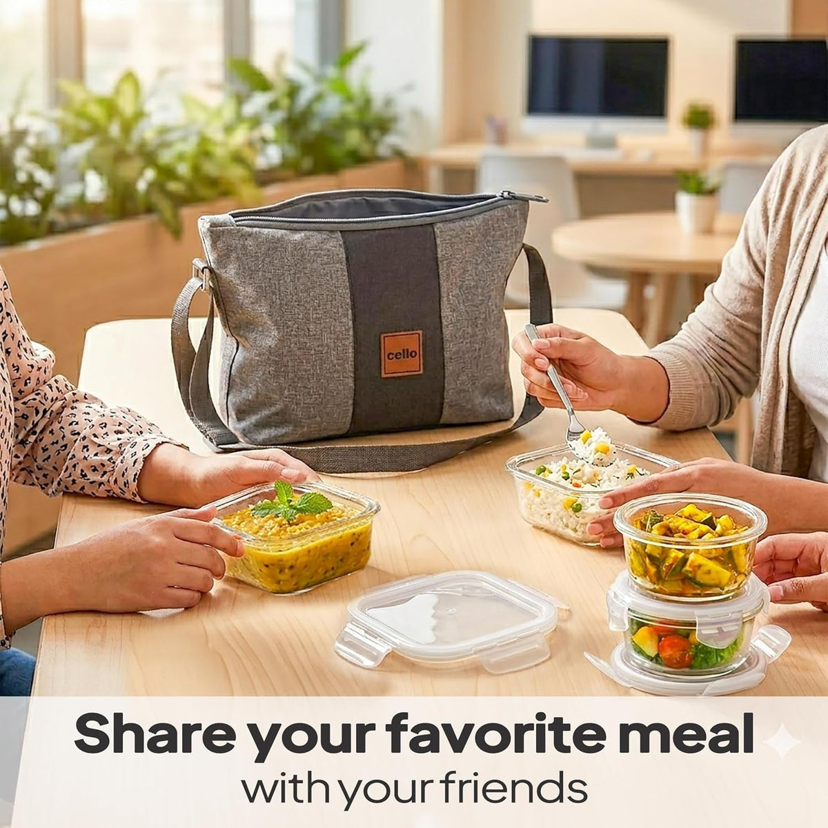 CELLO Glassy Square Lunch Box with Jacket For Office, Transparent | 2 x 320ml, 2 x 240ml