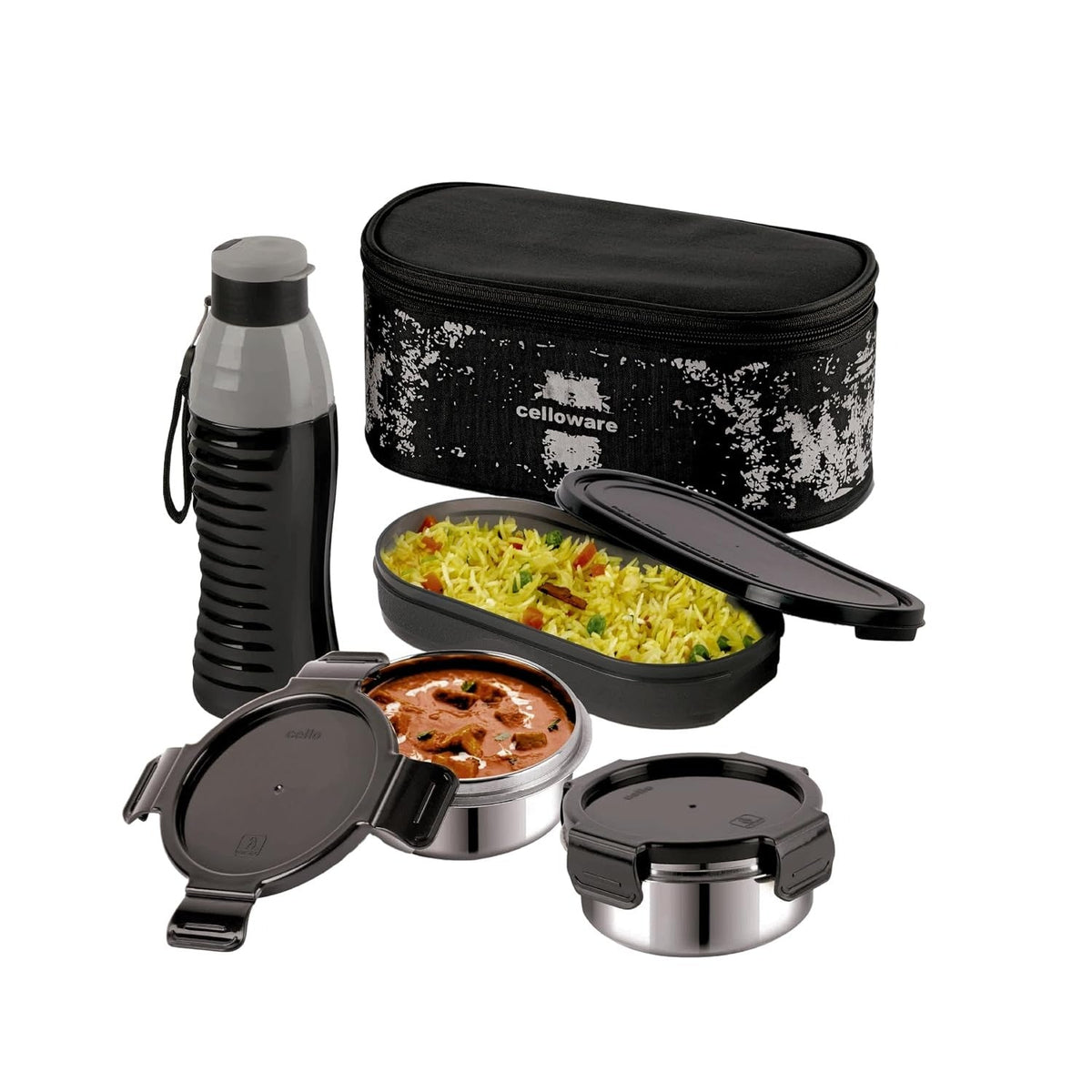 CELLO Gemini Lunch Box Gift Set of 3 Pieces with Bag for Office Use Black