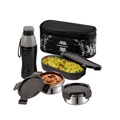 CELLO Gemini Lunch Box Gift Set of 3 Pieces with Bag for Office Use Black