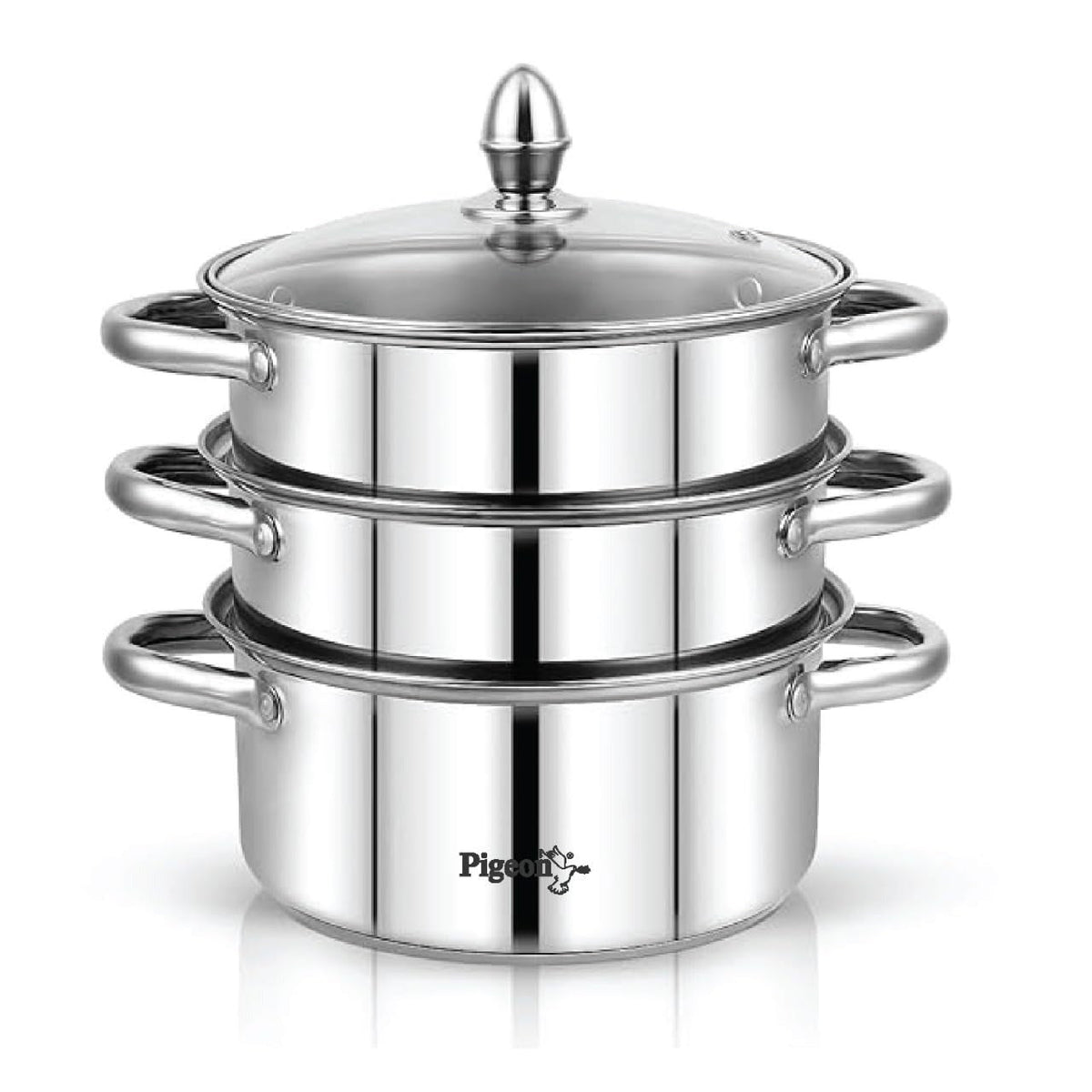 Pigeon Elantra Stainless Steel 3 Tier Steamer Pot Set with Glass Lid | Pasta Steamer Momo/Modak Maker