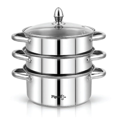 Pigeon Elantra Stainless Steel 3 Tier Steamer Pot Set with Glass Lid | Pasta Steamer Momo/Modak Maker