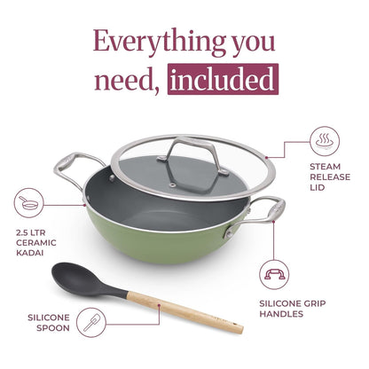 Asai Ceramic Non Stick Kadai 24cm (2.5L) with Glass Lid & Spatula - Green