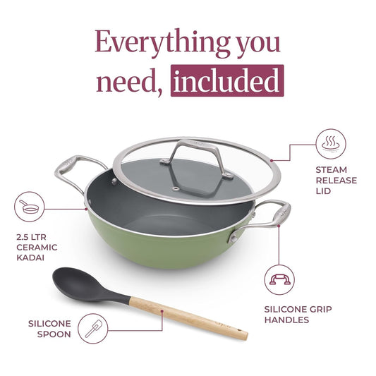 Asai Ceramic Non Stick Kadai 24cm (2.5L) with Glass Lid & Spatula - Green