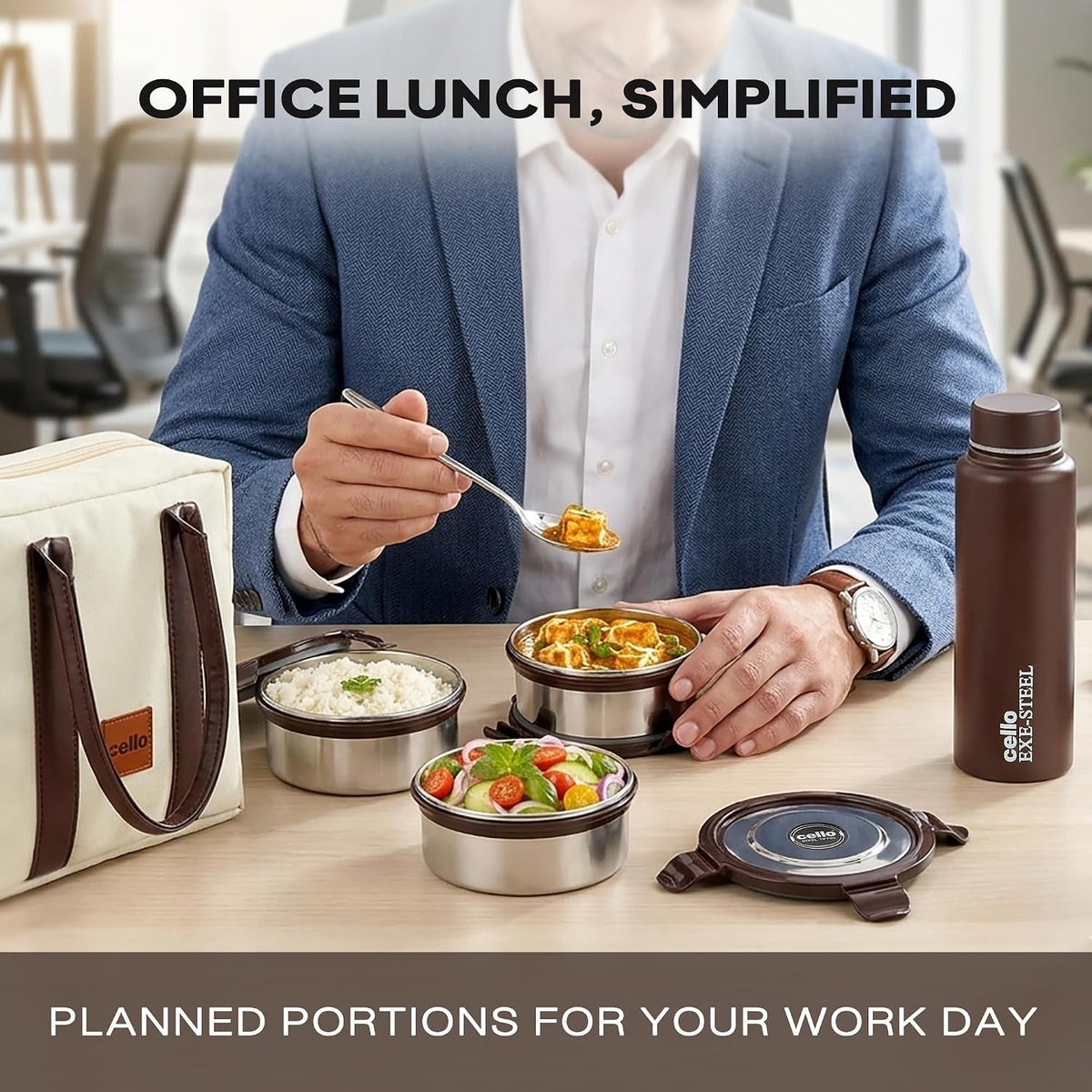 CELLO Urban Bite Lunch Box with Bag for Office Use, White Brown