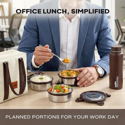 CELLO Urban Bite Lunch Box with Bag for Office Use, White Brown