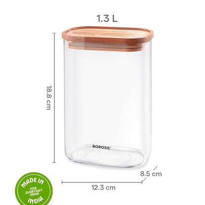Borosil 1.3L Storage Jar Set with Bamboo Lid