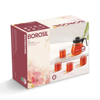 Borosil Prime Tea Set 1L Teapot + 190ml×6 Cups