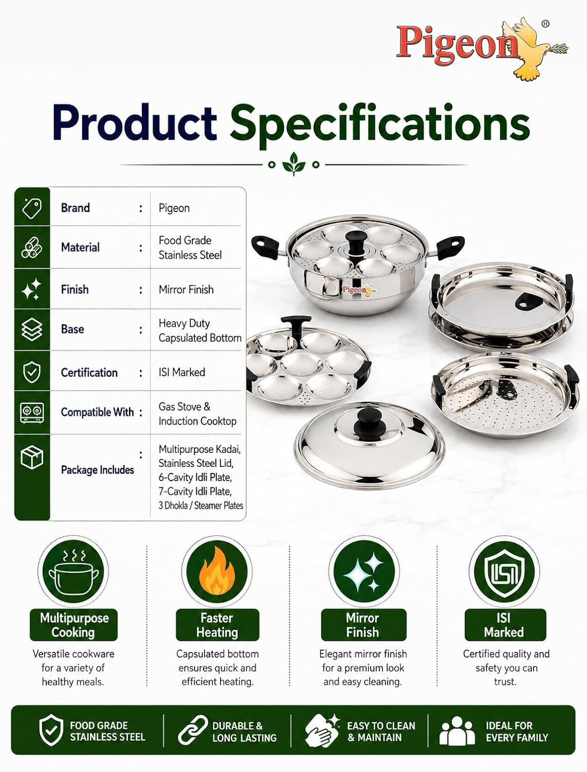 Pigeon Regal Plus Capsulated Bottom Multi Kadai with Idly, Steamer & Dhokla Plates