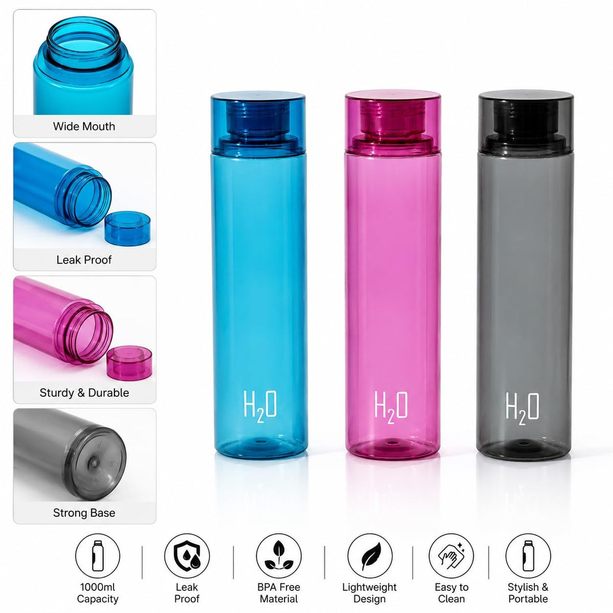 H2O Water Bottles Set of 3 Pcs For Daily Use, 1000ml Each Multicolor