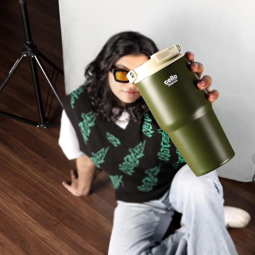 CELLO Quench Go 600 Insulated Stainless Steel Sipper Tumbler with Straw for Daily Use & Travel 600 ml Green | Double Wall Vacuum Insulated Hot & Cold Leakproof Stainless Steel Mug Tumbler for Office