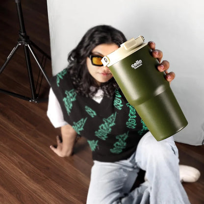 CELLO Quench Go 600 Insulated Stainless Steel Sipper Tumbler with Straw for Daily Use & Travel 600 ml Green | Double Wall Vacuum Insulated Hot & Cold Leakproof Stainless Steel Mug Tumbler for Office