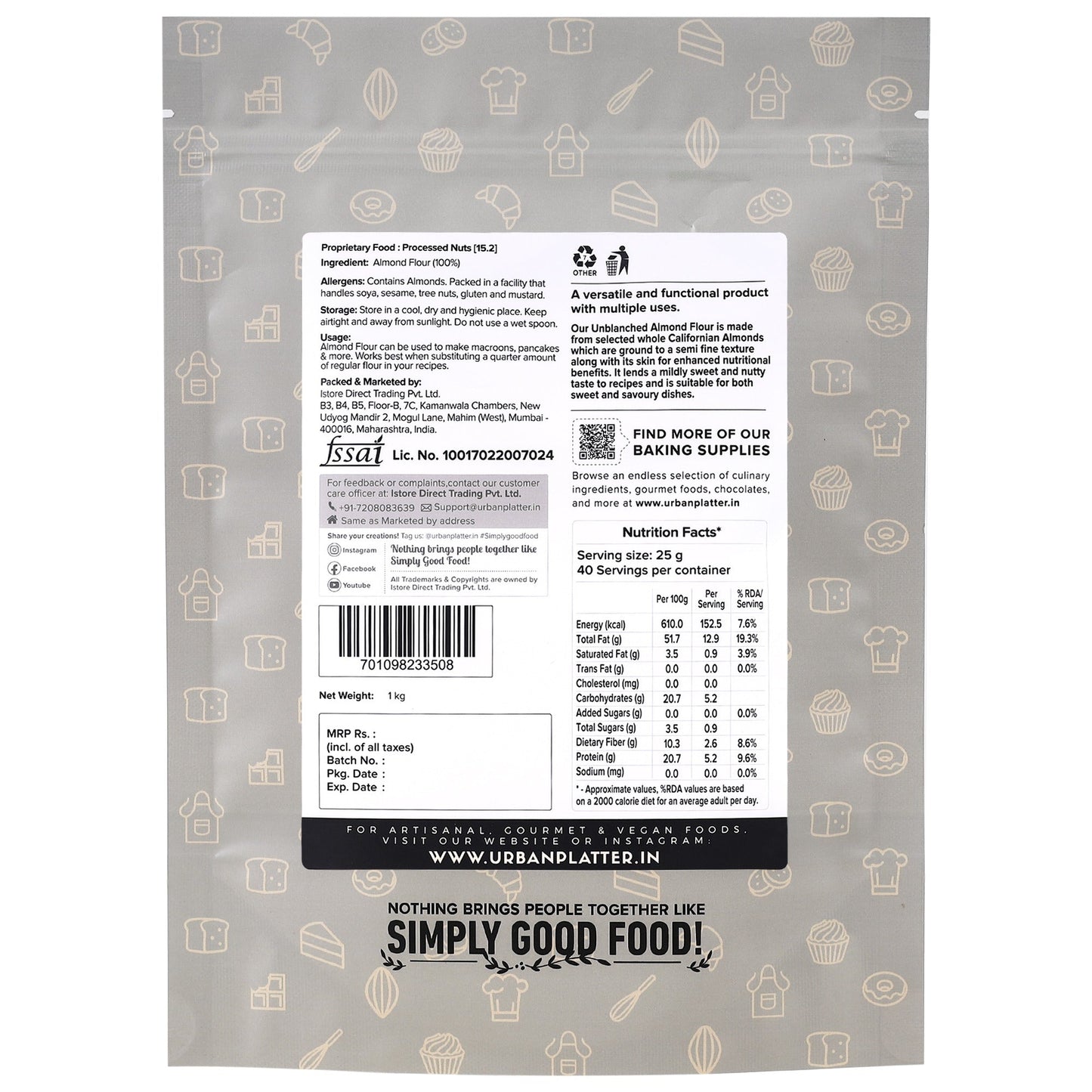 Urban Platter Natural California Almond Flour - 1 kg
