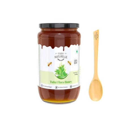 Vana Tulsi Flower Wild Forest Honey | 100% Pure Honey | Wooden Spoon| Raw, Natural, Unprocessed & Unheated Honey | Lab Tested Honey in Glass Bottle.
