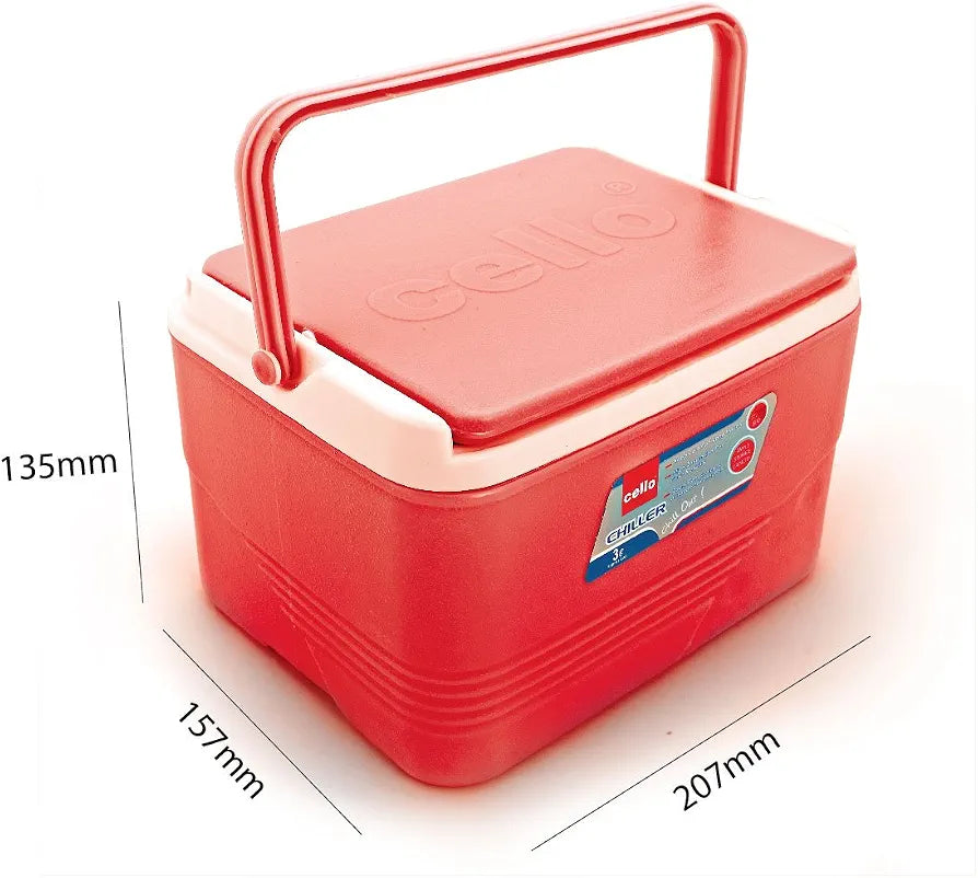 Cello Chiller Ice Box | Standard Size for Travel Party Bar Ice Cubes | Cold Drinks | Medical Purpose | 3 Litre, Red