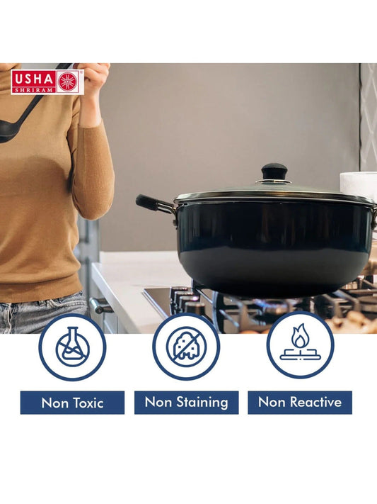 USHA SHRIRAM Hard Anodized Non-Stick Aluminium Kadai 2.8L with Lid Bakelite Handle Induction