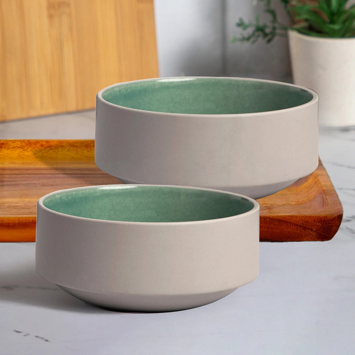 Anko 6 inch Sage Green Glazed Stoneware Bowls Set of 2 6.6cm H x 15.3cm Dia Soup Salad Dessert