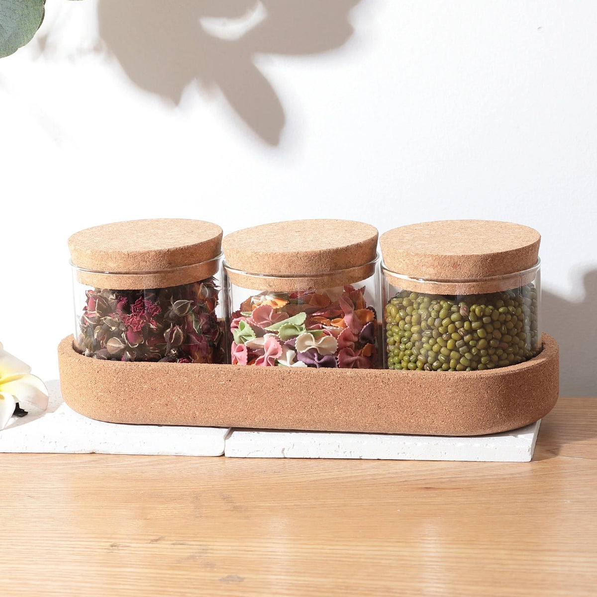 UMAI Borosilicate Glass Jars with Cork Lids | 270ml Pack of 3 | Airtight | Cork Tray