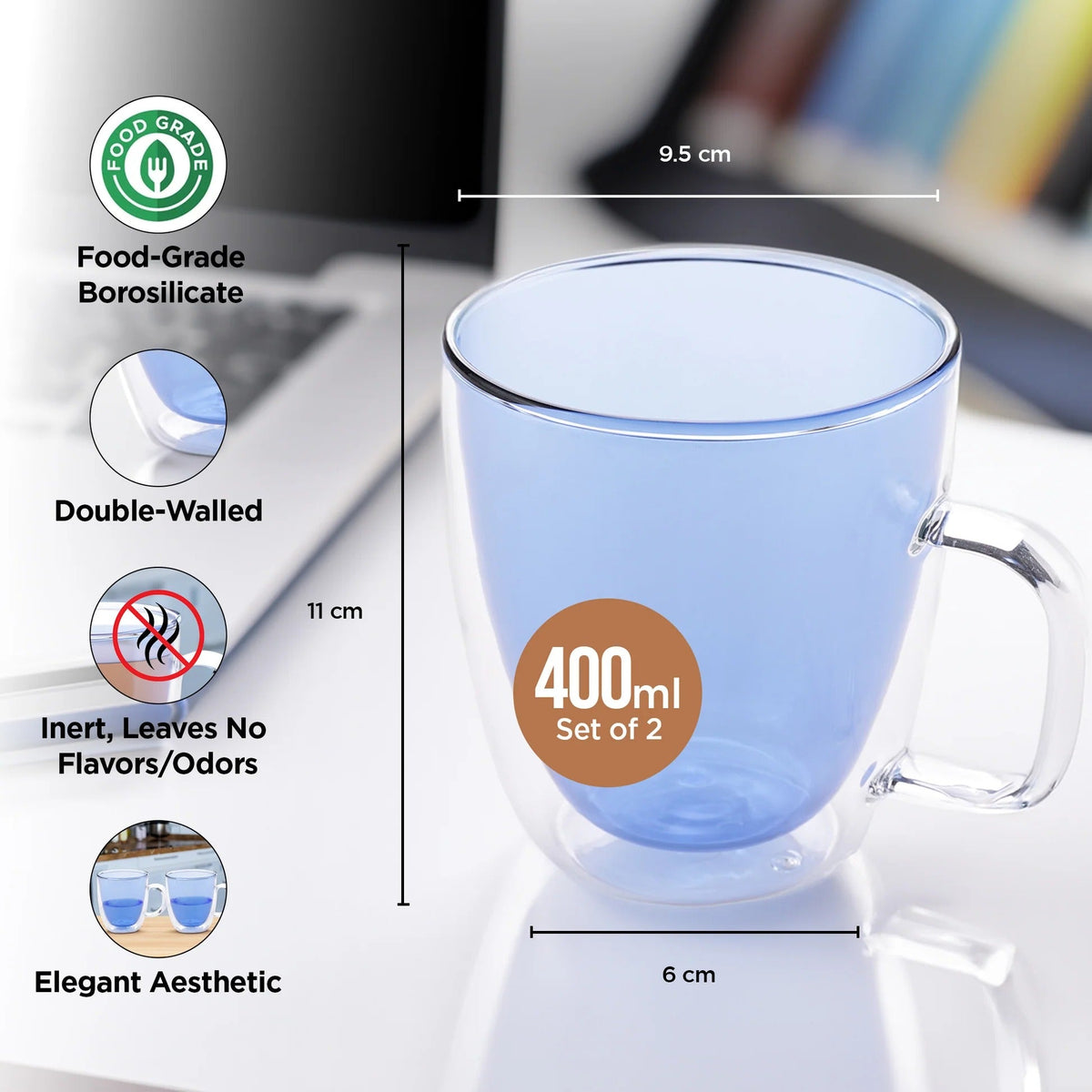 UMAI Double Walled Glass Coffee Mug Set of 2 (400ml) | Blue