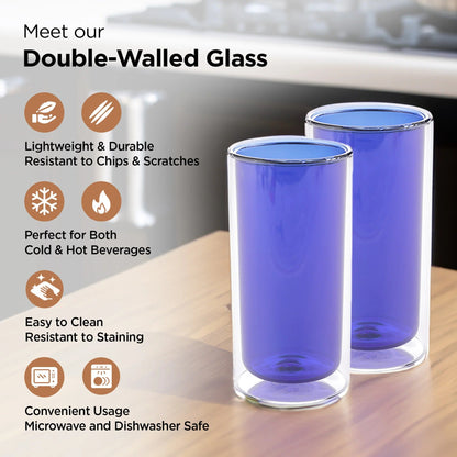 UMAI Pack of 2: Double Wall Borosilicate Glass Coffee Mugs | 250ml | Blue