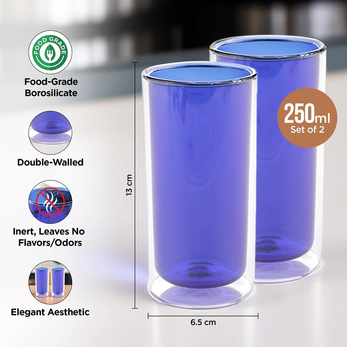 UMAI Pack of 2: Double Wall Borosilicate Glass Coffee Mugs | 250ml | Blue
