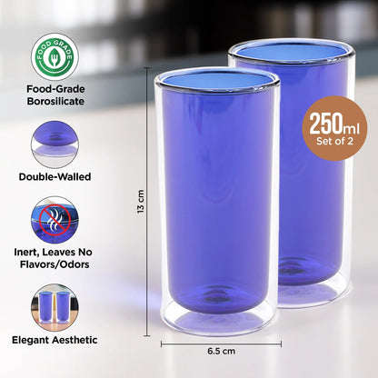 UMAI Pack of 2: Double Wall Borosilicate Glass Coffee Mugs | 250ml | Blue