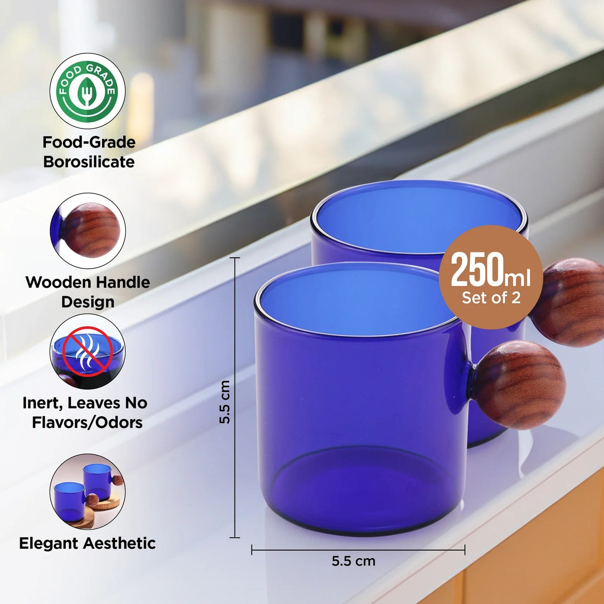 UMAI Pack of 2: Borosilicate Glass Coffee Mugs with Wooden Handle | 120ml | Blue