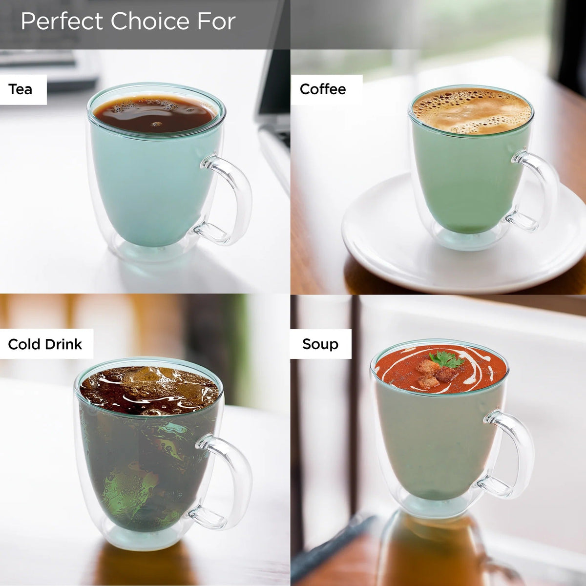 UMAI Double Walled Glass Coffee Mug Set of 2 (400ml) | Green