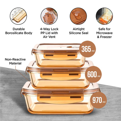 UMAI Pack of 3 Borosilicate Kitchen Containers | 356ml 600ml 970ml | Airvent Lid | Amber