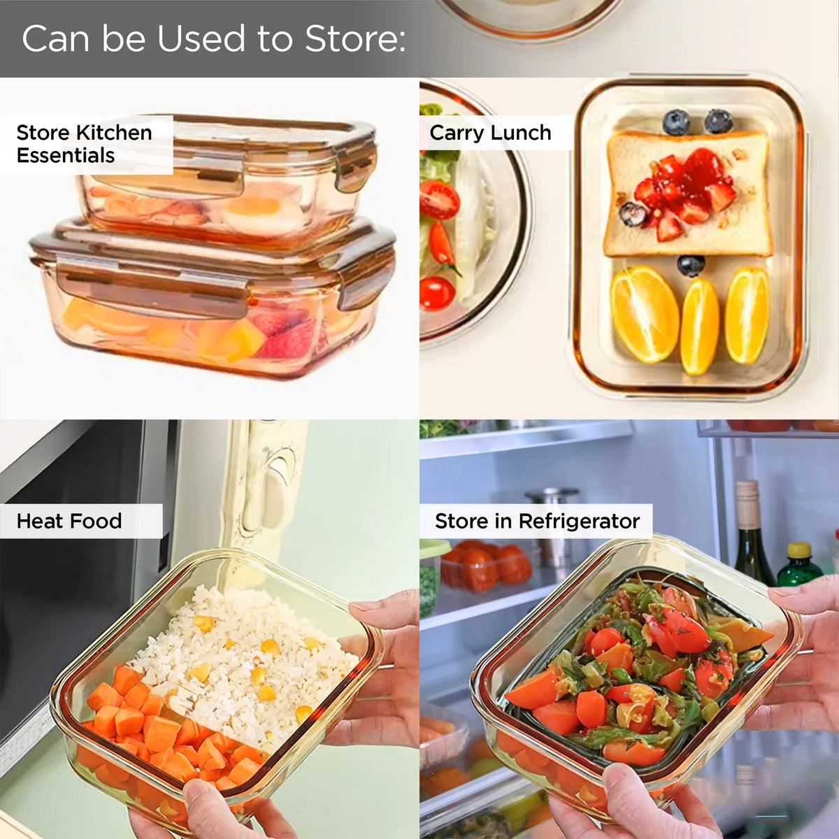 UMAI Pack of 3 Borosilicate Kitchen Containers | 356ml 600ml 970ml | Airvent Lid | Amber