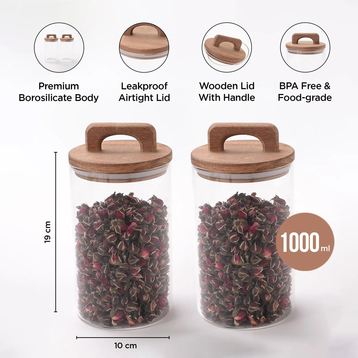 UMAI 1000ml Glass Jars with Wooden Lid | Set of 2 | Airtight | Kitchen Storage