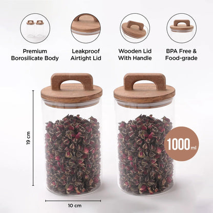 UMAI 1000ml Glass Jars with Wooden Lid | Set of 2 | Airtight | Kitchen Storage