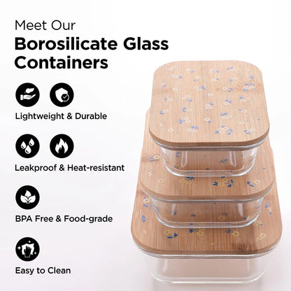 UMAI Pack of 3 Borosilicate Kitchen Containers | Happy Dance Print | 370ml 640ml 1060ml | Bamboo Lid