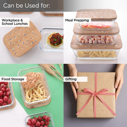 UMAI Pack of 3 Borosilicate Kitchen Containers | Happy Dance Print | 370ml 640ml 1060ml | Bamboo Lid