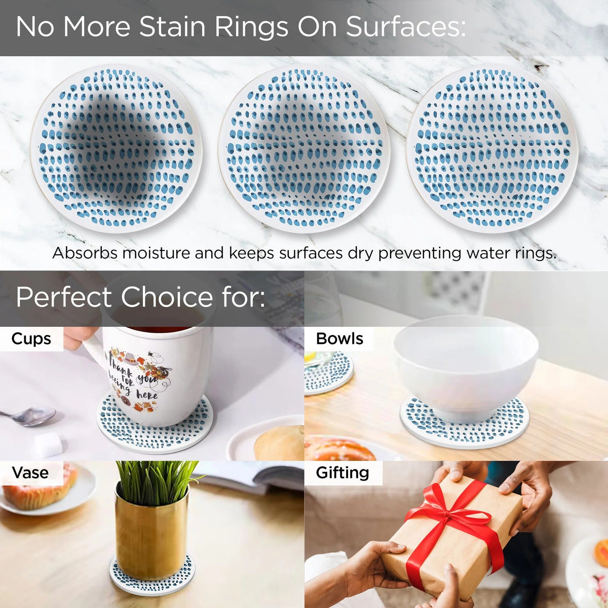 UMAI Diatomite Coasters Set of 6 10cm White Print Dining Table Glass Cover Lid