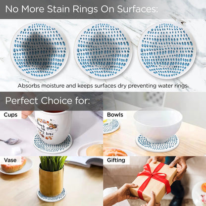 UMAI Diatomite Coasters Set of 6 10cm White Print Dining Table Glass Cover Lid