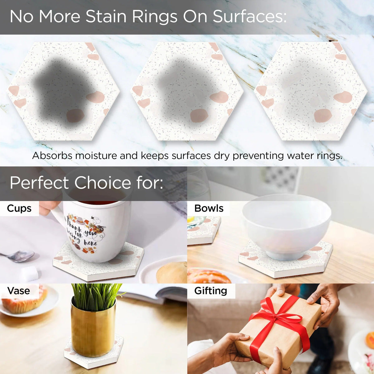 UMAI Diatomite Coaster Set of 6 Hexagonal Design Absorbent Home Office Blue Pack with Holder
