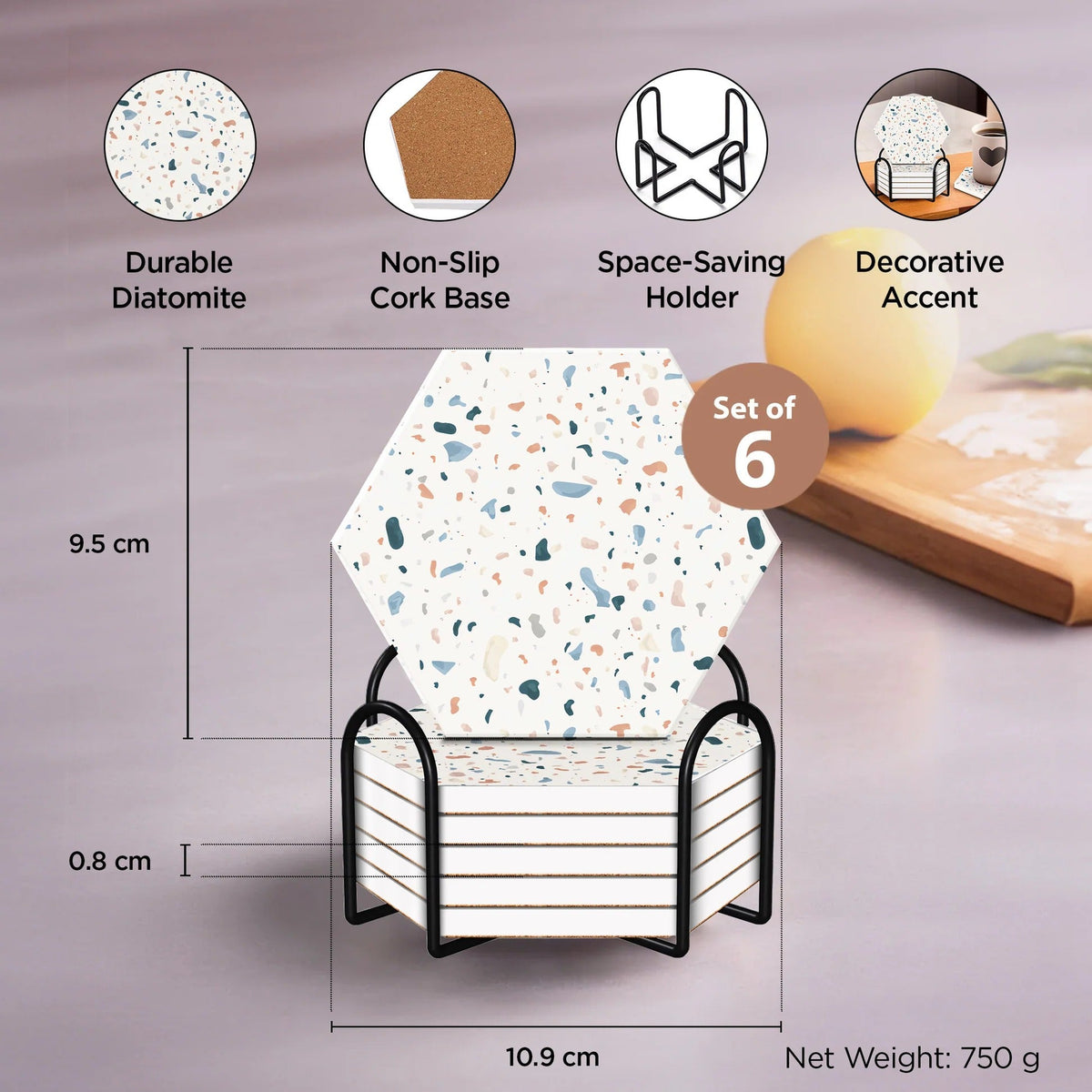UMAI Diatomite Tea Coaster Set of 6 10cm 8mm Thick Beige Non Slip Mat Housewarming Gift