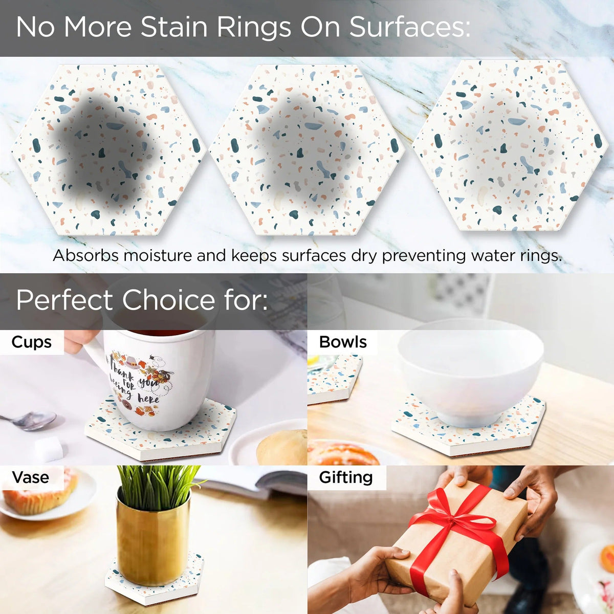 UMAI Diatomite Tea Coaster Set of 6 10cm 8mm Thick Beige Non Slip Mat Housewarming Gift