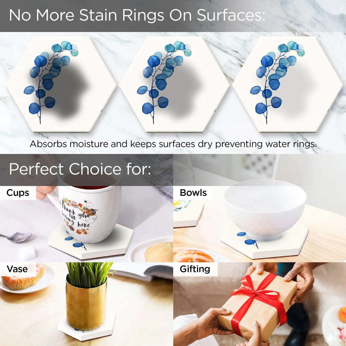 UMAI Diatomite Coaster Set of 6 10cm Unique Shape Absorbent Heat Resistant Dining Table