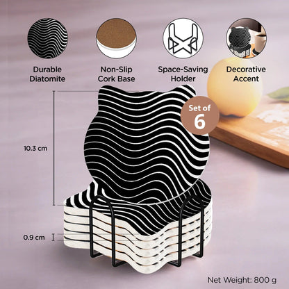 UMAI Unique Tea Coaster Set of 6 10cm 9mm Thick Black White Non Slip Mat Housewarming Gift