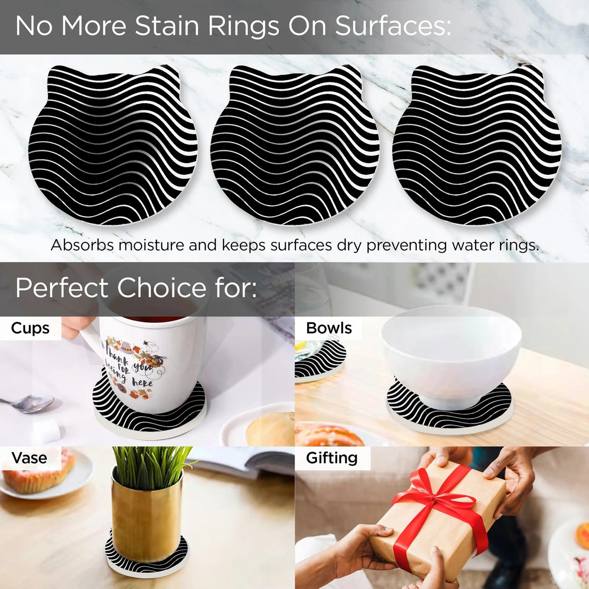 UMAI Unique Tea Coaster Set of 6 10cm 9mm Thick Black White Non Slip Mat Housewarming Gift