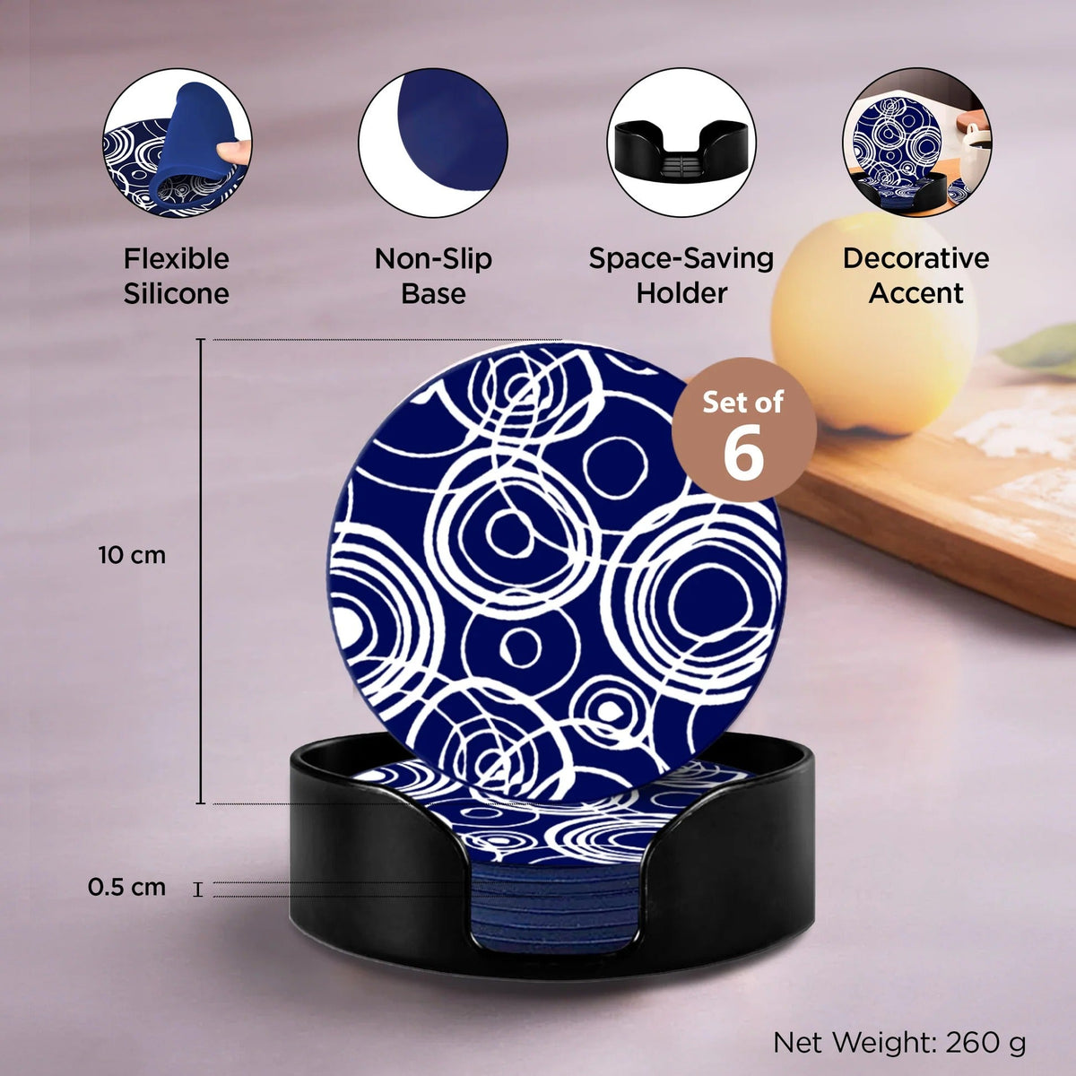 UMAI Silicone Coaster Set of 6 10cm with Plastic Holder Dining Table Navy White Unique Design