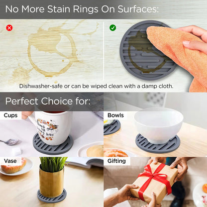 UMAI Silicone Coasters Set of 6 with Silicone Holder Grey Round Dining Table Home Office