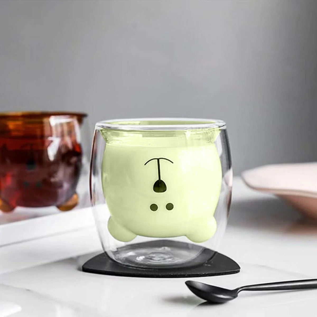 Kuber Industries 6 Pcs Cute Teddy Bear Borosilicate Double Wall Glass Cups 250ml | Pack of 3 | Green